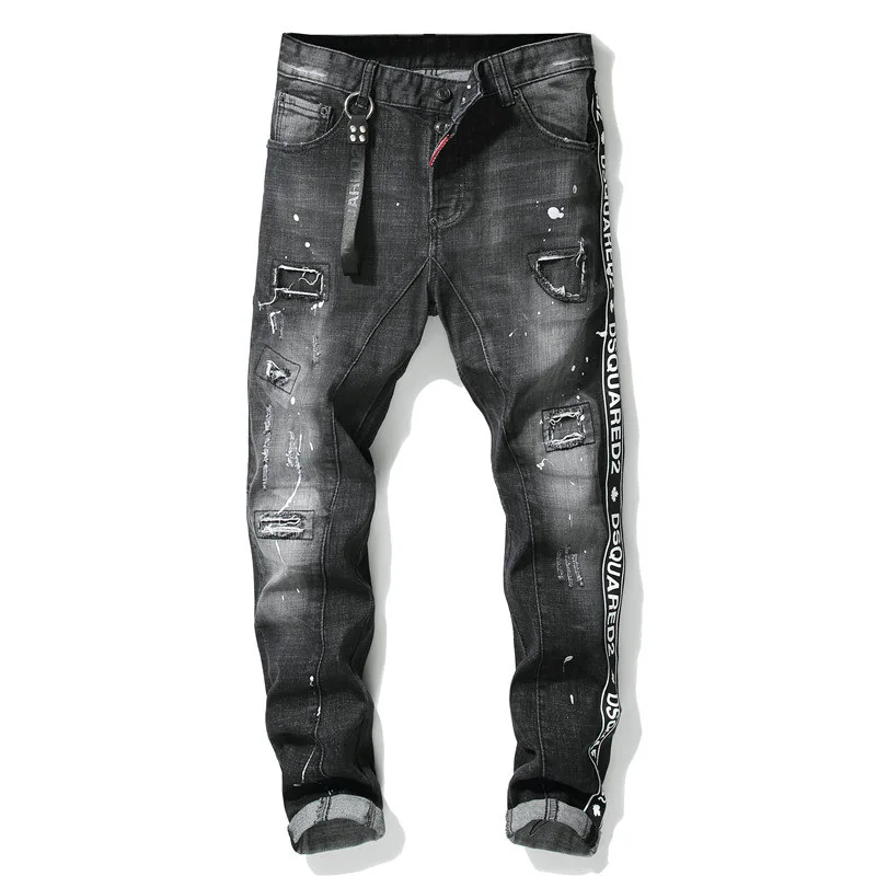 

New DSQUARED2 Men's Jeans Ripped Patches Paint Dots Stitching Slim Fit Stretch Pants 1011