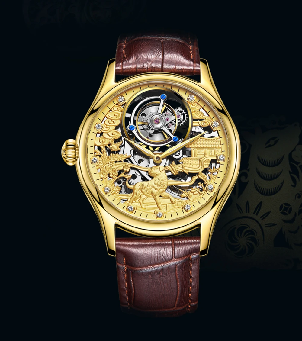 Guanqin мужские часы Tourbillon часы со скелетом сапфировые Водонепроницаемые кожаные роскошные оригинальные брендовые часы с собакой