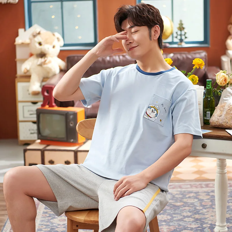 

Soft Elastic Waist Shorts Men Homewear Summer Japan Anime Doraemon Couple Pajamas Sets Cotton Short-Sleeve Cute Women Sleepdress