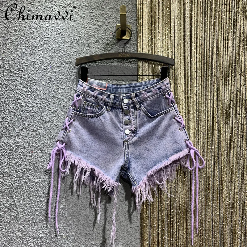 

High Street Bandage Denim Shorts Women's Lace Up Tie Dyed Purple Ripped Jeans Shorts Female Straight Slimming Shorts Pants