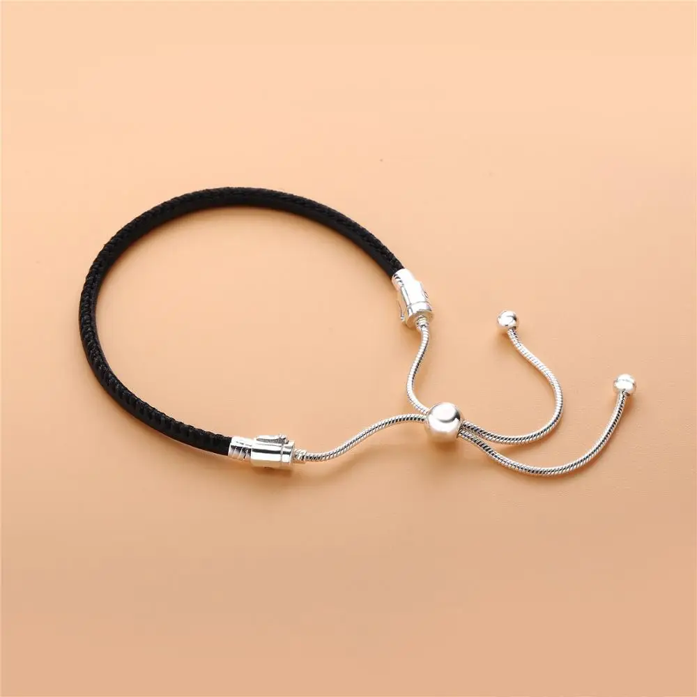 

100% 925 Sterling Silver Original Fit 1:1 Charms Moments Black Leather Slider Pan Bracelet