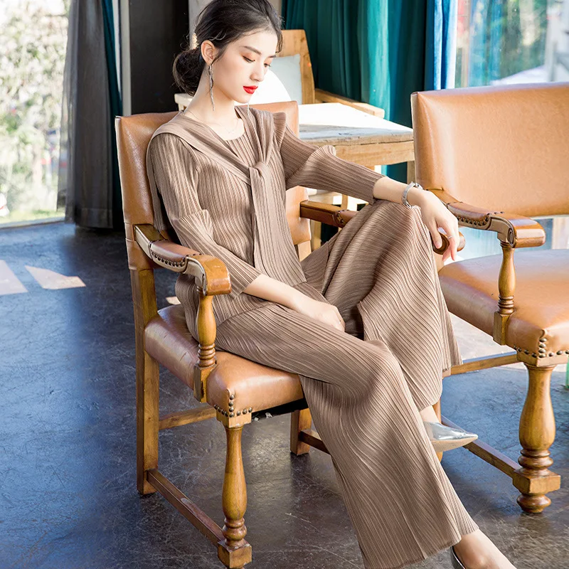 LANMREM 2020 новая весенняя Однотонная футболка с воротником шарфом и широкие штаны