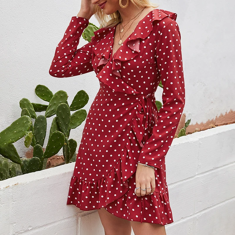 

Red Bandage Cardigan Dress 2020 Summer Spring Womens Dresses Ladies Dot Printed Mini Vestido Elegant Sexy V Neck Ruffles Robe#T