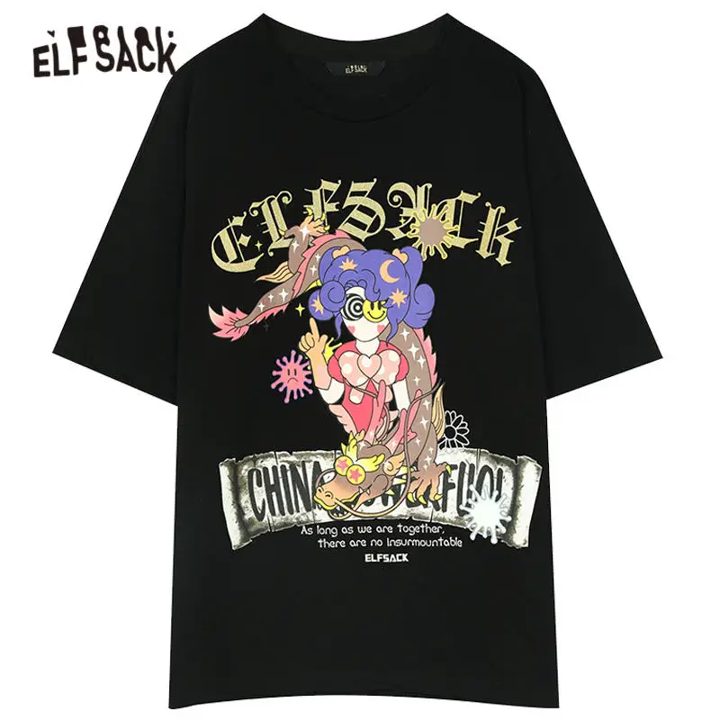 

ELFSACK Harajuku Black Funny Graphic Print Casual T-Shirt Women Clothing 2020 Summer ELF Half Sleeve Korean Ladies Daily Tops