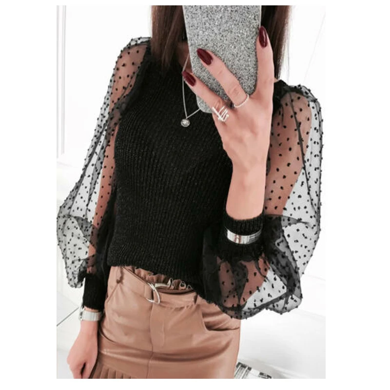 Женский трикотажный пуловер в горошек с круглым вырезом и рукавами-фонариками |