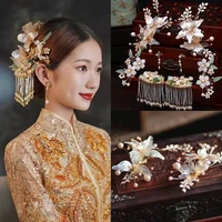 oriental chinese vintage wedding bridal hair accessories classical pearl beaded tassel coronet xiuhe hairwear