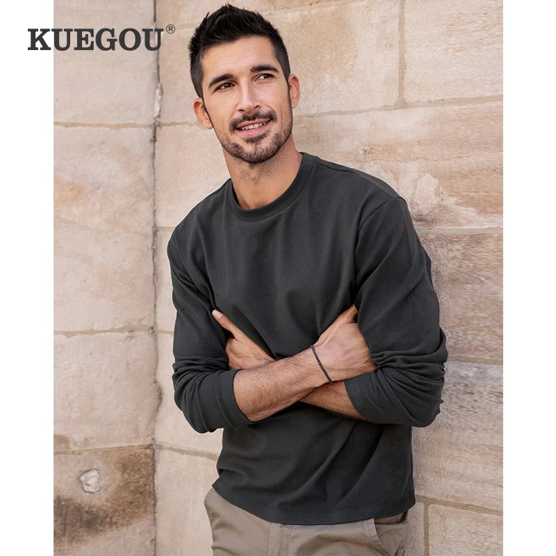 

KUEGOU Clothing Autumn Winter Men‘s T-shirt long sleeve fashion tshirt Solid color Warm Fleece T shirt Men Top Plus Size 1298