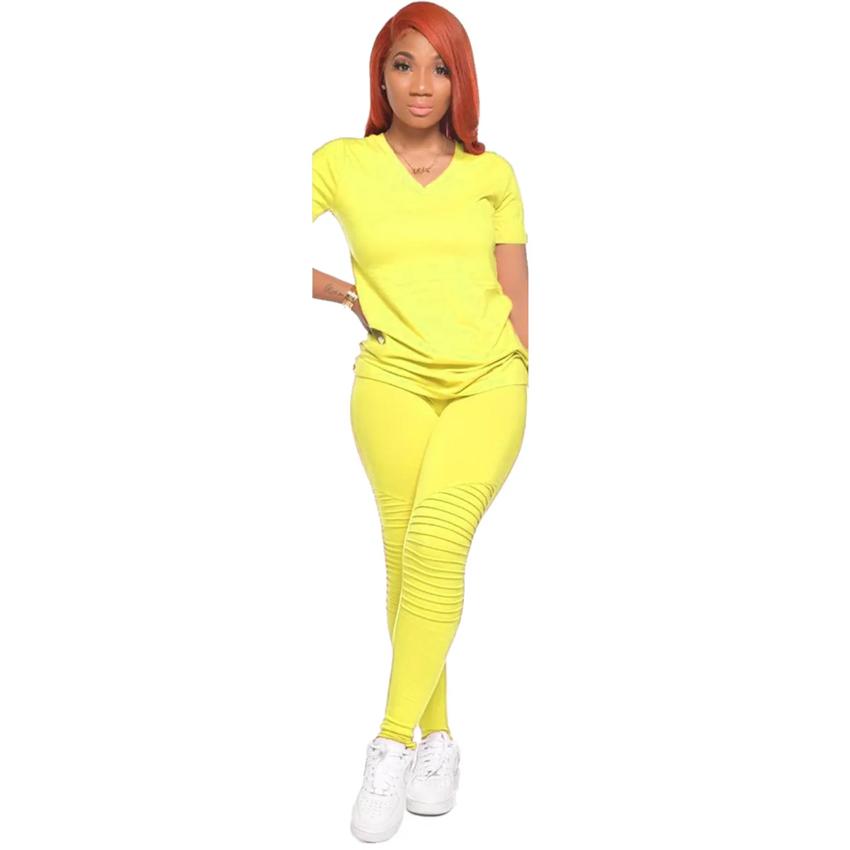

Pure Color Sexy 2 Piece Set Summer Clothes for Women V Neck Short Sleeve T Shirt Tee and Stacked Sweatpant Sporty Fitness Suits