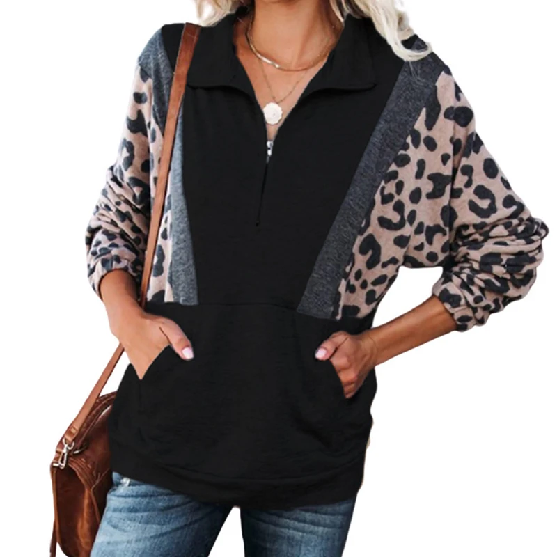 Женский свитшот с леопардовым принтом повседневный Свободный пуловер на молнии