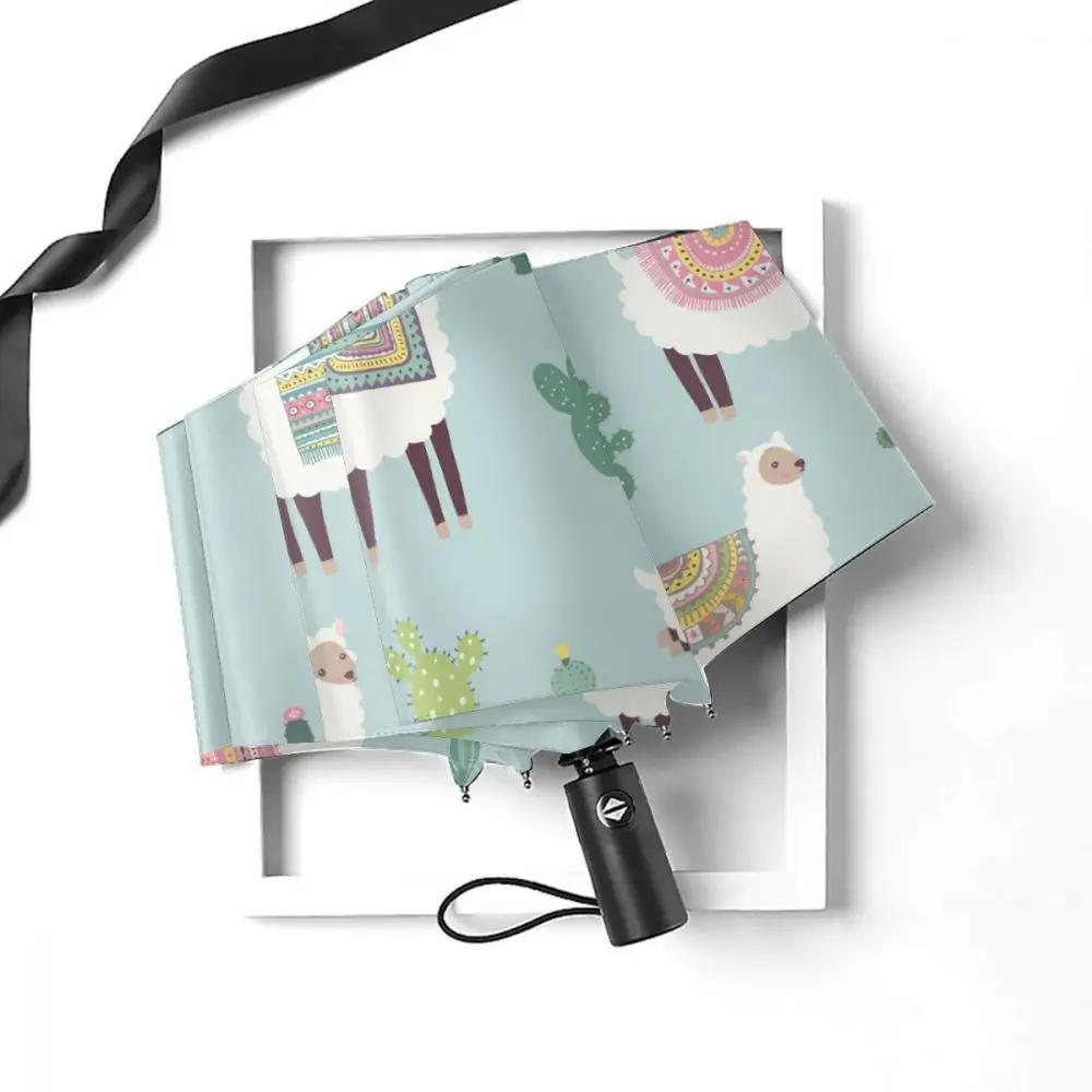 Ветронепроницаемый автоматический зонт с альпакой на голубом фоне, складной, для путешествий и автомобиля.