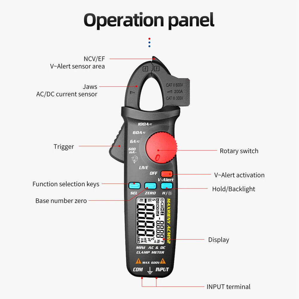 Мультиметр-клещи True RMS 6000 отсчетов DC/AC портативный ампервольтметр с