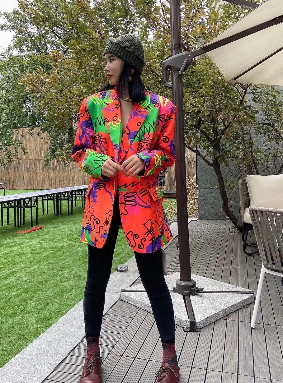 

Women Blazer Printing Vintage Red Women Blazers Jackets Color Matching Casual Red Womens Blazers Long Sleeve 2020 New V149