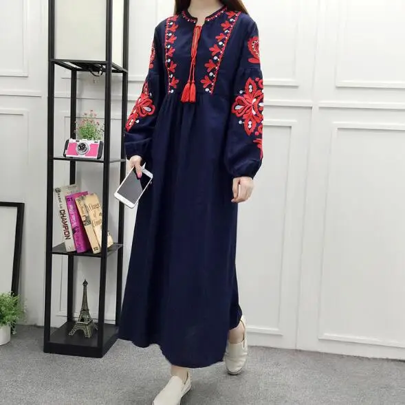 Цветочное вышитое платье в этническом стиле хлопок лен фонарь макси с длинным