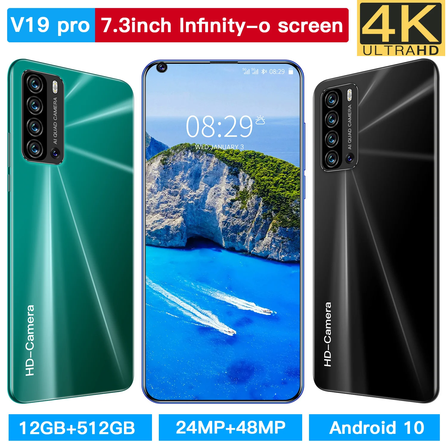 

V19 Pro Smartphone Cell Phone 7.3 Inch Phones MTK6799 12GB+512GB CellPhones 24M+48M 5600mAh 5G Network Mobilephones Android 10.0