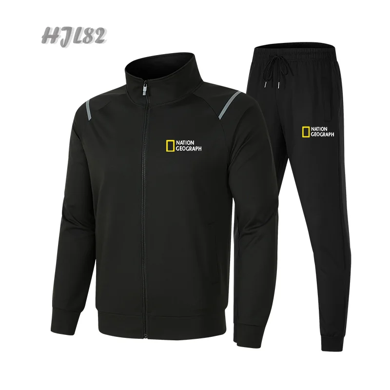 

2021 new fashion brand four seasons men's zipper set black and white couple stand collar zipper shirt + casual pants sportswear