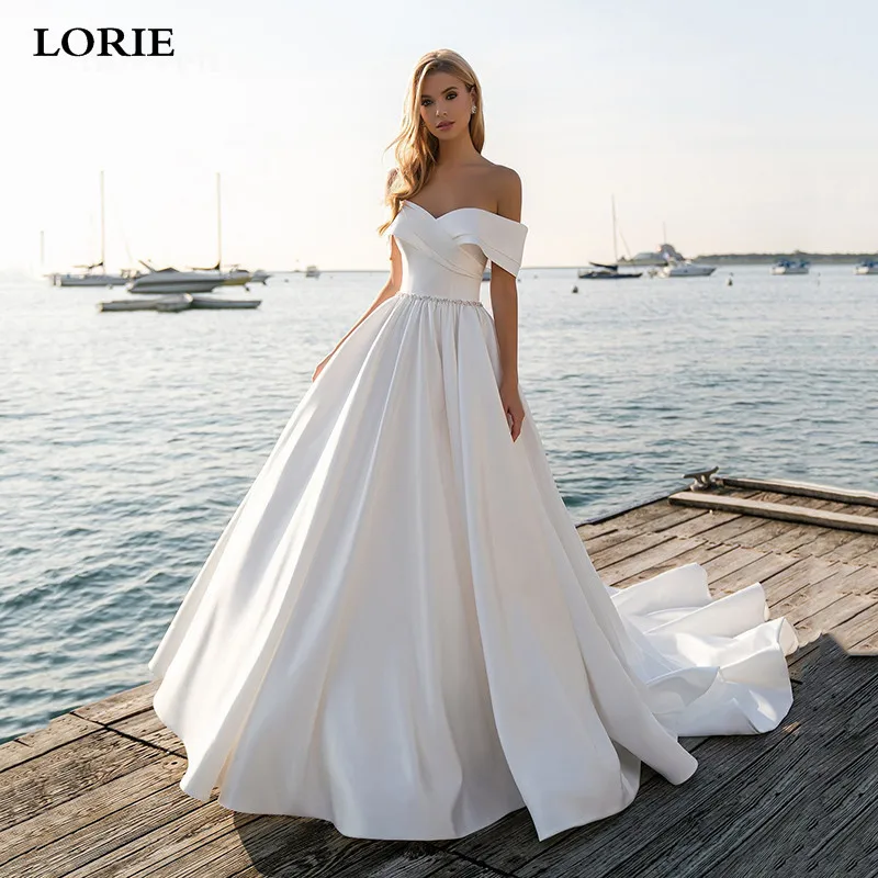 Lorie Princess Abiti Da Sposa Satin Vintage Off The Shoulder Abiti Da Sposa Cintura In Rilievo Abito Da Ballo Da Sposa Bianco Avorio