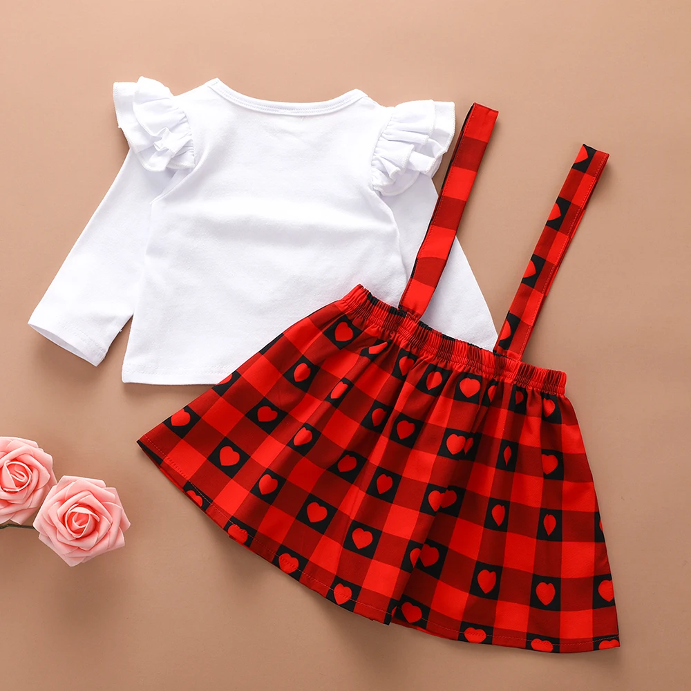 OEAK Toddler Kids Baby Girls Valentine's Day Heart Tops Plaid Skirts Outfits Clothes Long Sleeve Summer Clothing Sets | Мать и
