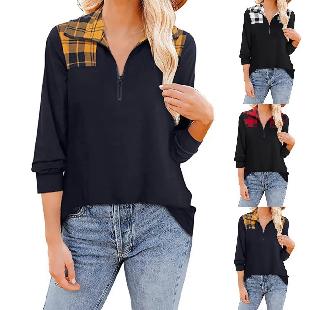 

Женская блузка с длинным рукавом и отложным воротником, повседневный клетчатый пуловер, Лоскутная Свободная блузка с принтом и молнией на в...