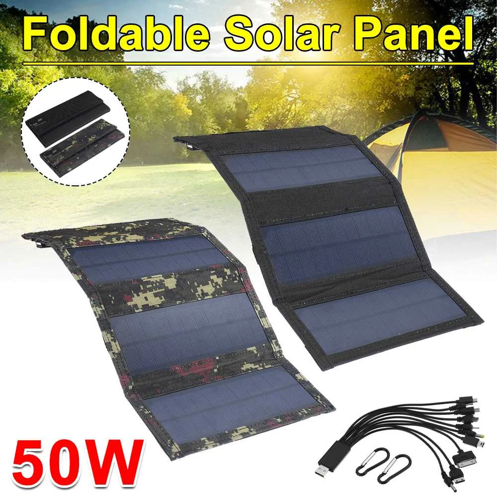 Solares de Energia Pacote de Dobramento Portátil para o Telefone Painel Solar Dobrável Células 10in1 Cabo Usb Carregador Acampamento 50w 5v