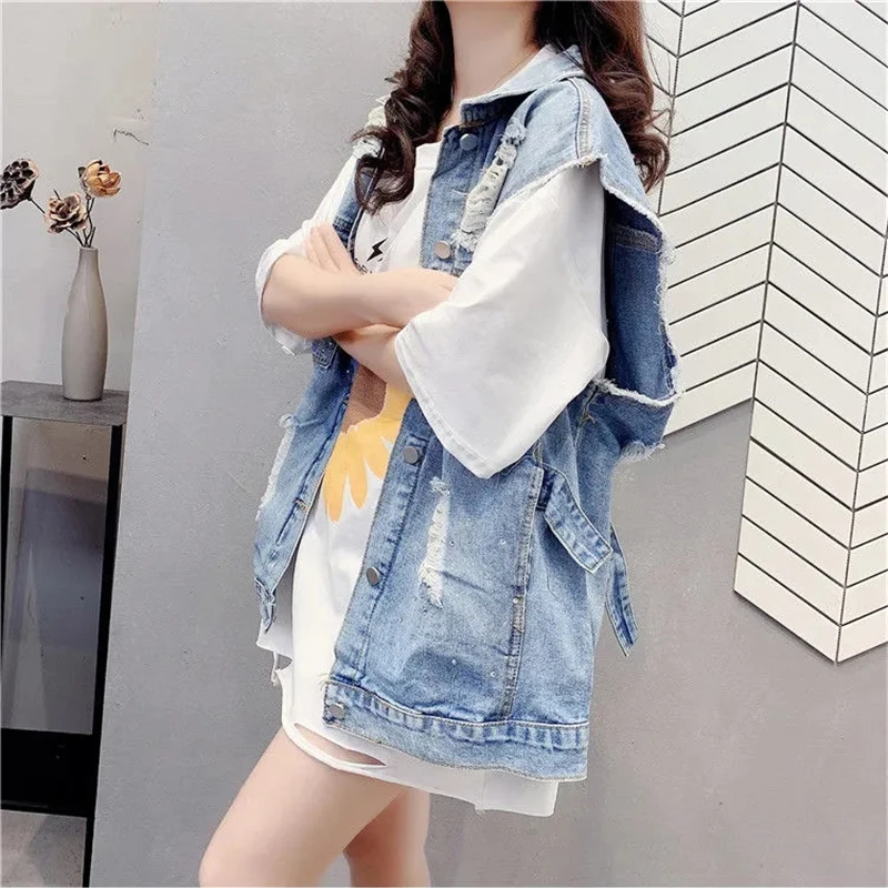 

Loose Frayed Ripped Sleeveless Denim Jackets Female Oversize Vintage Waistcoat For Women Streetwear Spring Denim Vest Coat Mujer