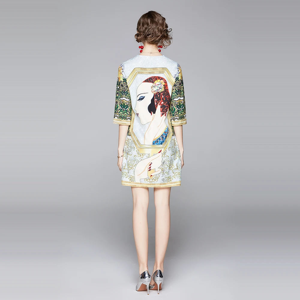 

Merchall Runway Custom Summer Plus Size Loose Dress Women's Fashion Half Sleeve Floral Character Print Vintage Short Dresses