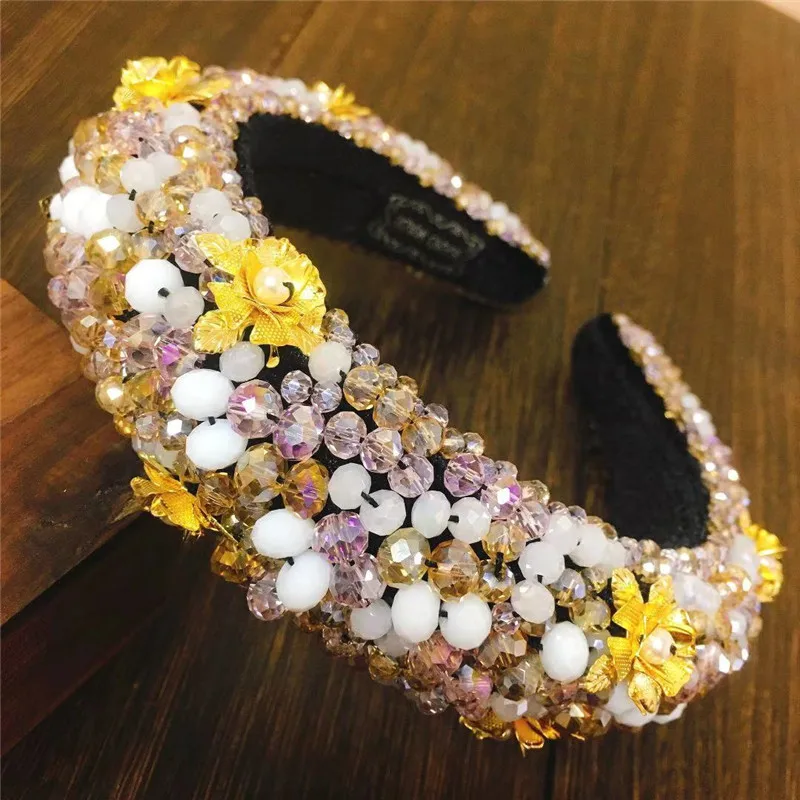 

Full Crystal Luxury Baroque Headband For Women Head Bands Gold Flower Sparkly Padded Rhinestones Hairbands Hair Accessories