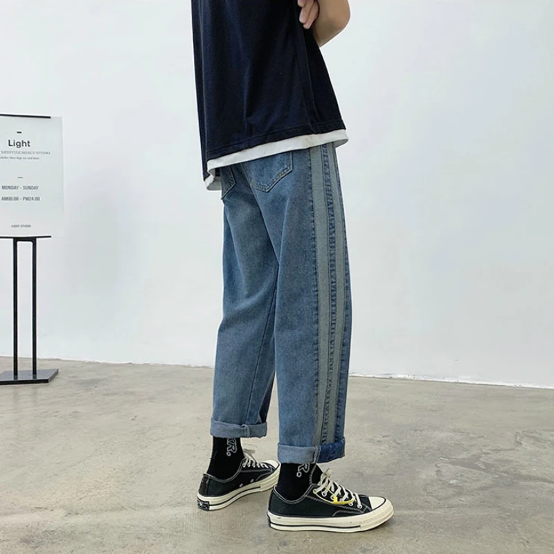 

Jeans Men Ins Side Striped Leisure Fashion Denim Straight Trousers Korean Style Chic High Street Hip-hop Teens Harajuku Autumn