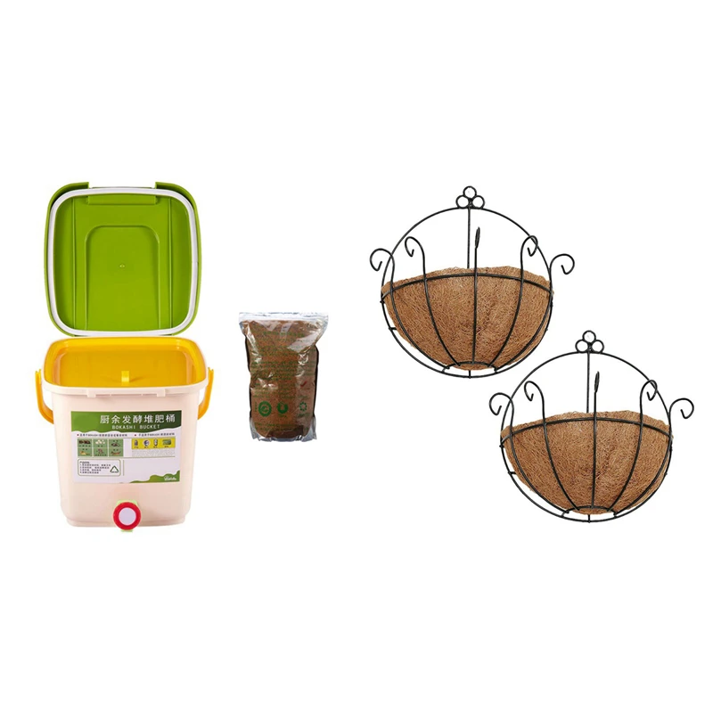 

2 PCS Iron Wall Hanging Gentleman Basket With 12L Kitchen Garden Food Waste Bins Compost Bin