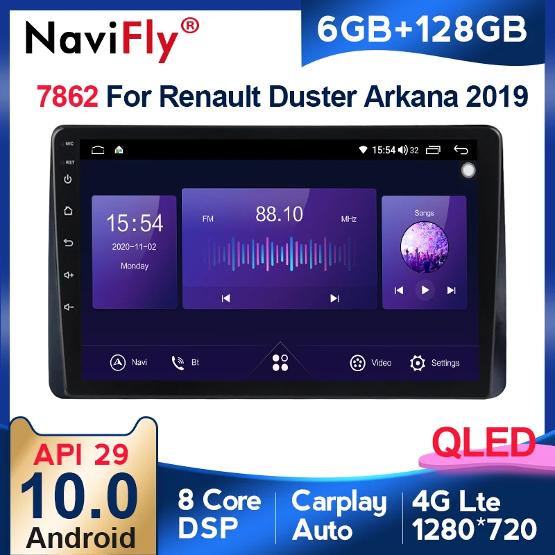 

Автомагнитола NaviFly 7862, 6 ГБ + 128 ГБ, QLED-экран 1280x720, Android 10, автомагнитола, мультимедийный проигрыватель для Renault Duster, Arkana 2019
