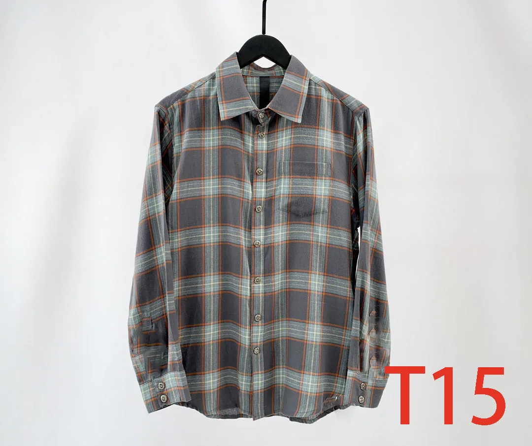

T15 High-end series new leather embroidered couple silver button plaid shirt orange stripes gray green plaid cotton fabric