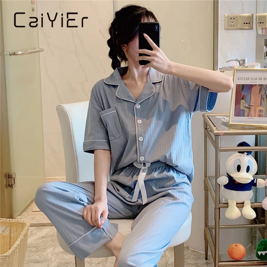 CAIYIER New Summer Cotton Pajamas Set Short Sleeve Tops+Trousers Sleepwear Women Casual Pure Color Turn-down Collar Nightwear