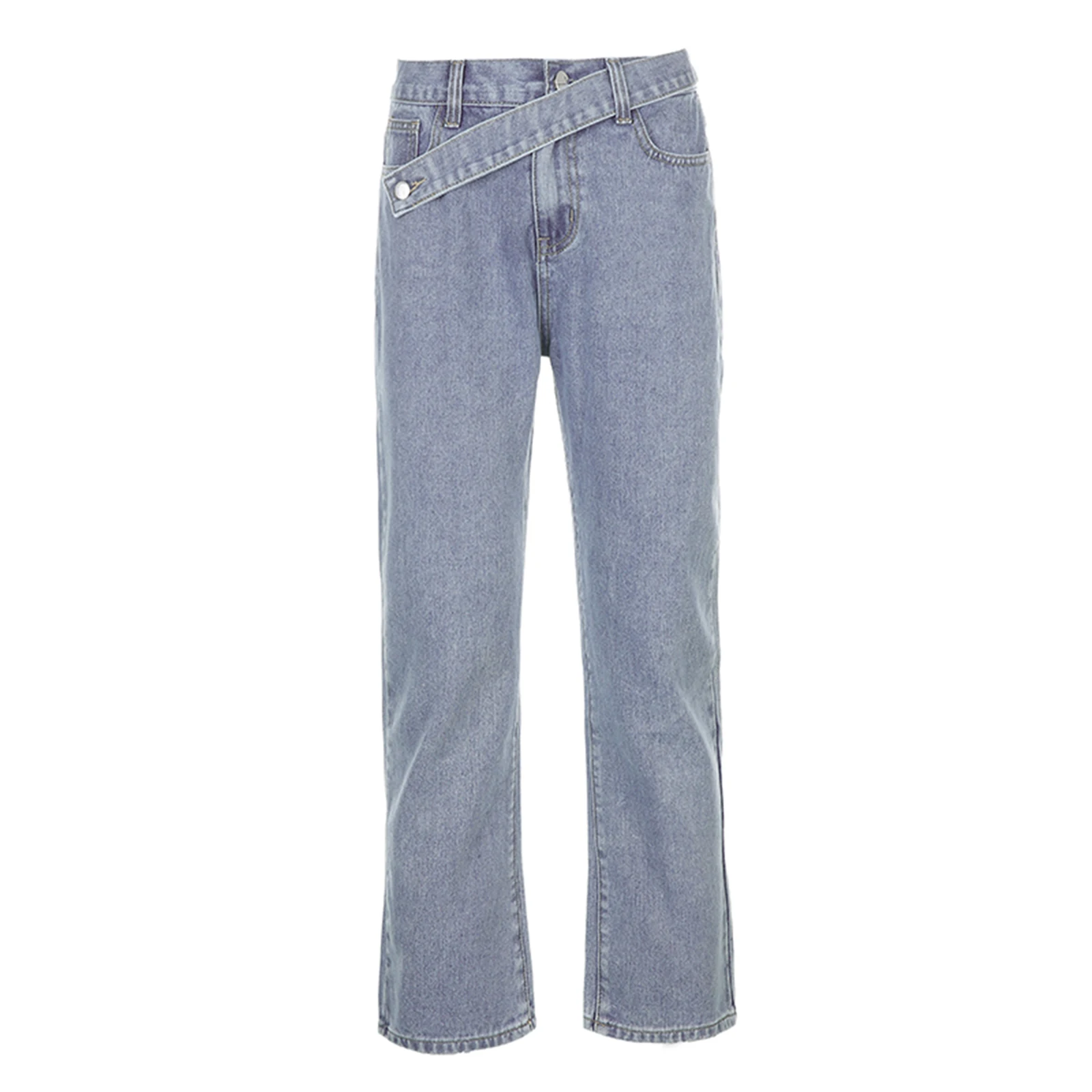 

Women Casual Loose Style Wide Leg Jeans Grey Blue Solid Color Belt High Waist Straight-leg Denim Pants