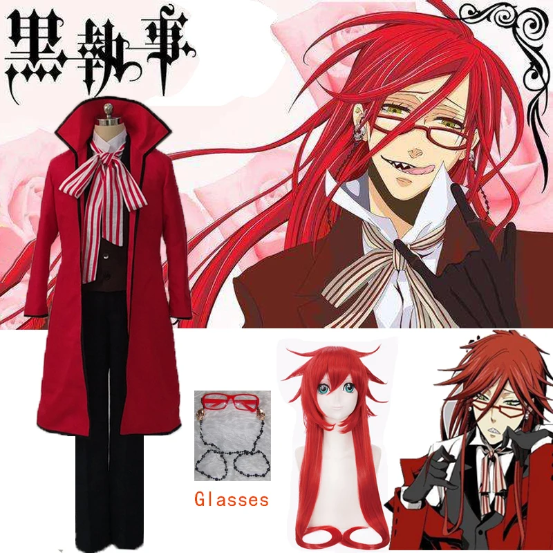 

Anime Black Butler Death Shinigami Grell Sutcliff Cosplay Red Uniform Outfit+Glasses Carnaval Halloween Costumes for Women Men