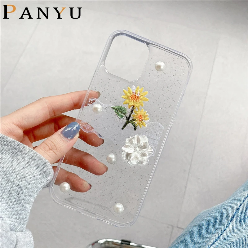 

3D Flower Clear Embroidery Pattern Soft Cover Phone Case For vivo Y52 5G S9 S9e x60 x50 x27 Pro Y95 Y93 Y52s Y73s Y20 Y70s Y51s