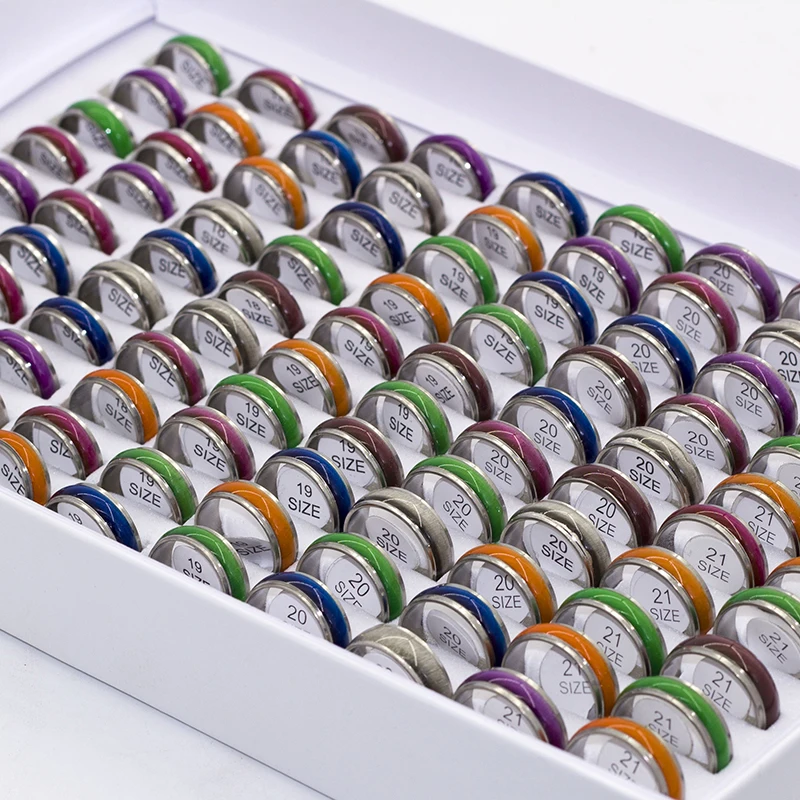 

50pcs Wholesale Mixed Mens Womens Colorful Cat Eye Stainless Steel Rings Width 7mm Band Sizes Assorted