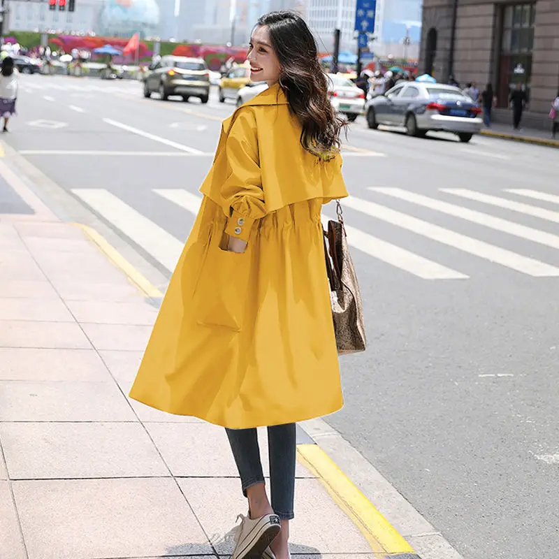 

Ailegogo New Women Streetwear Spring Long Trench Coat Casual Fashion Turn Down Collar Black Outwear Pocket Korean Windbreaker