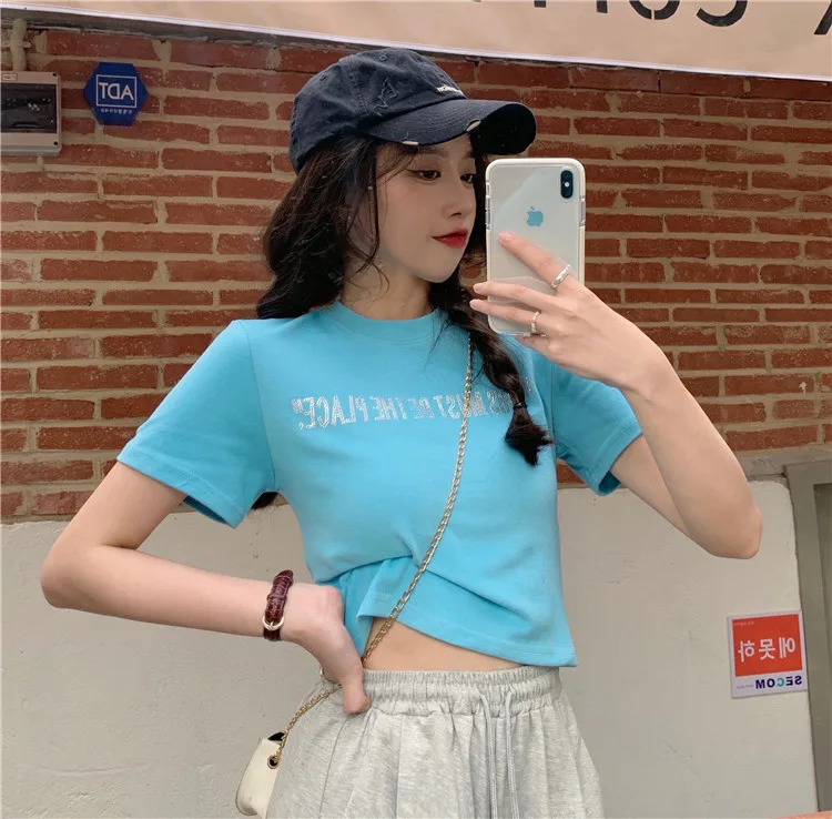 

YTX1181 2021 new Korean version of slim and thin super hot letters short wild short-sleeved T-shirt