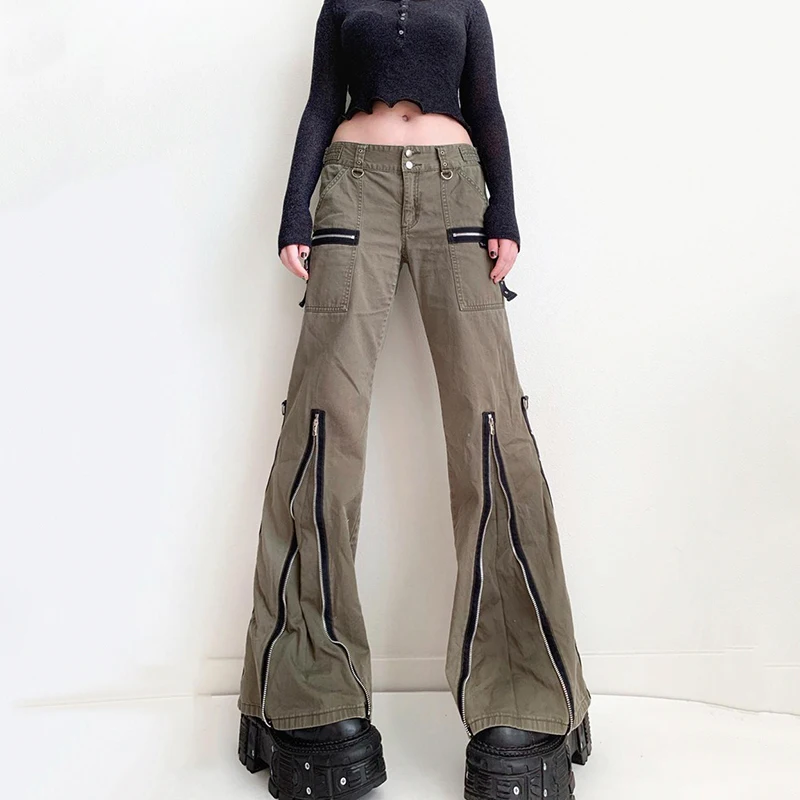 

WeiYao Khaki Y2K Bell Bottom Pants Punk Zipper Alternative Techwear Denim Cargo Pants Women High Waisted Baggy Trousers Street