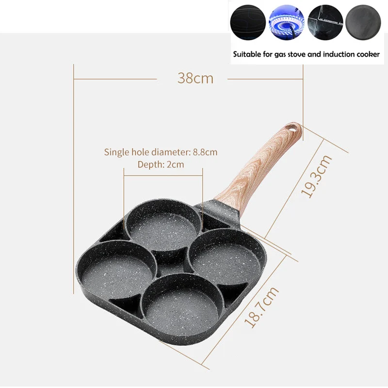 

Four-hole Frying Pot Thickened Omelet Pan Black Non-stick Egg Steak Ham Pancake Wooden Handle Kitchen Cooking Breakfast Maker