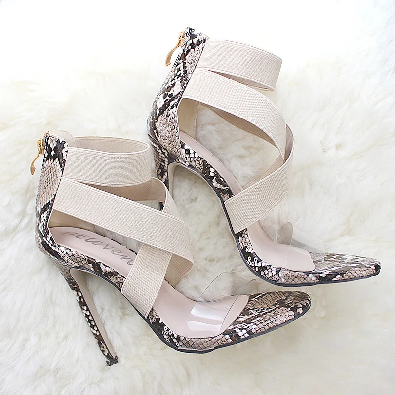 

2021high heels European American snake print transparent high heels with large size 43 female sandals