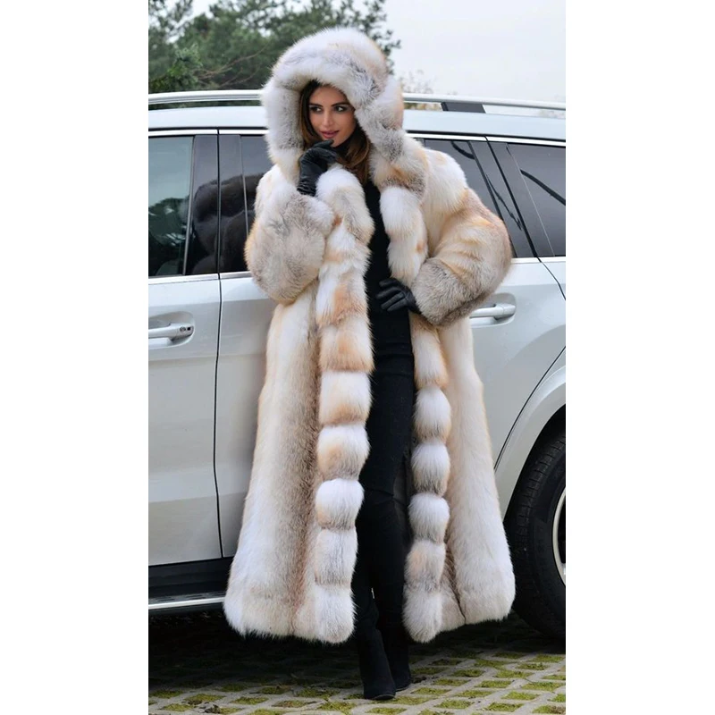 FURSARCAR 2021 New Luxurious Real Natrual Golden Fox Fur Jacket With Hood Thick Fashion 120cm X-Long Women Winter Fur Coat