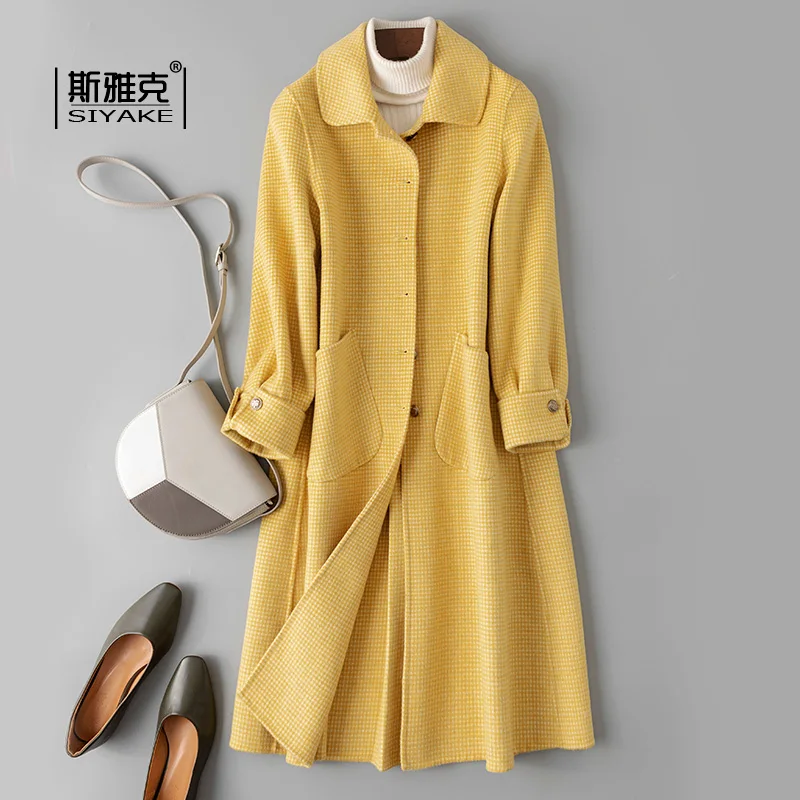 

Yellow Plaid Double Faced Cashmere Overcoat Women's Doll Collar Mid Long New High-end Wool Jacket Fashion