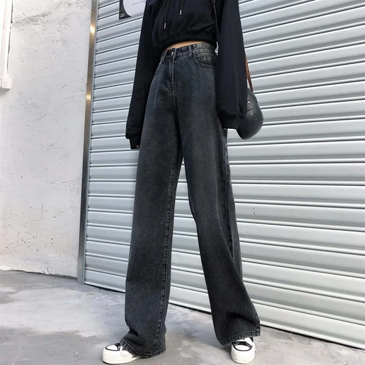 Черные женские джинсы с широкими штанинами на осень и зиму корейский элегантный