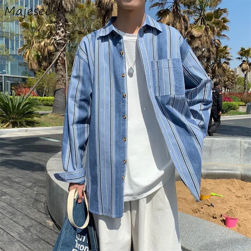 

Spring Summer Men Striped Shirts Casual Long Sleeve Clothing Males Loose Harajuku Sun Protection Button Top Handsome Cozy Trend