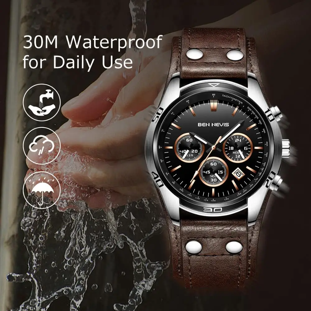 Мужские водонепроницаемые кварцевые часы с кожаным ремешком в стиле