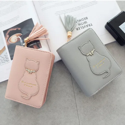 

New small fresh cat tassel buckle vertical 2 fold zipper short wallet wallet