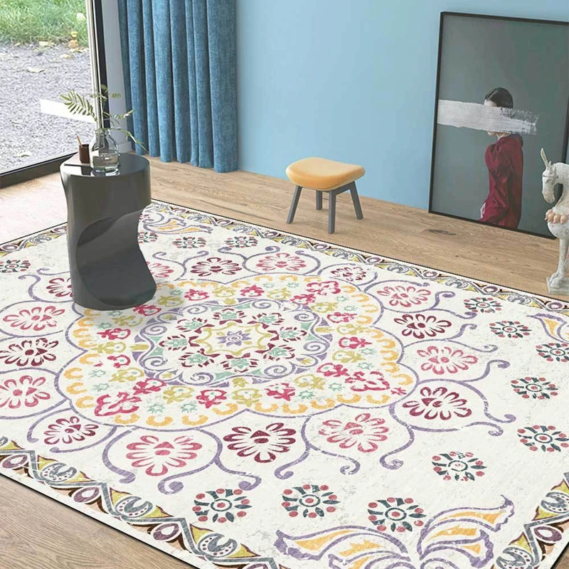 

Retro Simple and Elegant Floral Carpets Persian Ethnic Style Living Room Sofa Table Non-Slip Floor Mat Bedroom Bedside Area Rugs