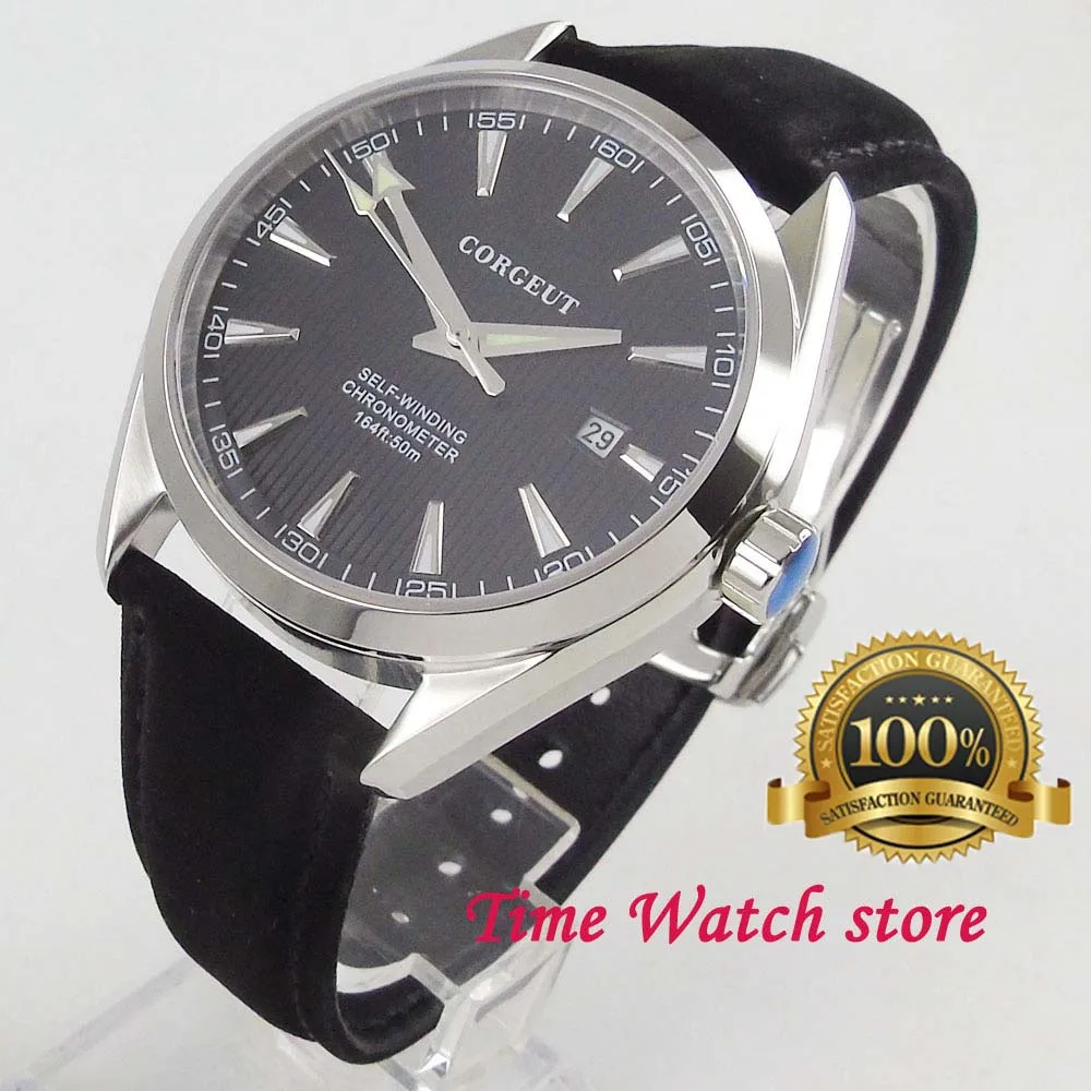 

Polished Corgeut 41mm Miyota 8215 5ATM Automatic men's watch sapphire glass black dial silver marks date leather strap 2017
