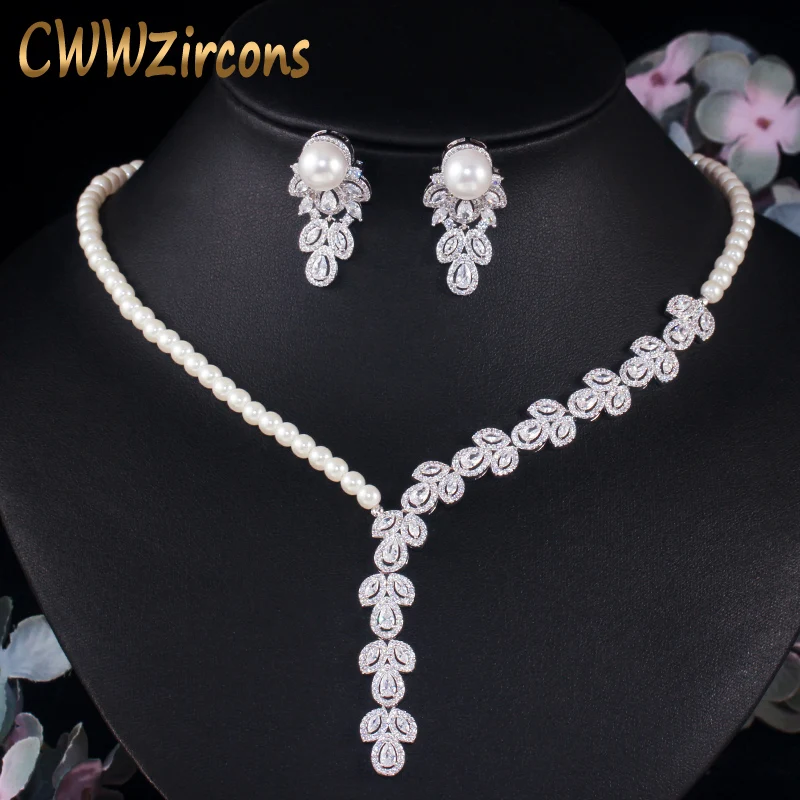 

CWWZircons Dangle Drop Cubic Zirconia Simulated Pearl Necklace Earrings Women Party Wedding Costume Jewelry Set for Brides T452