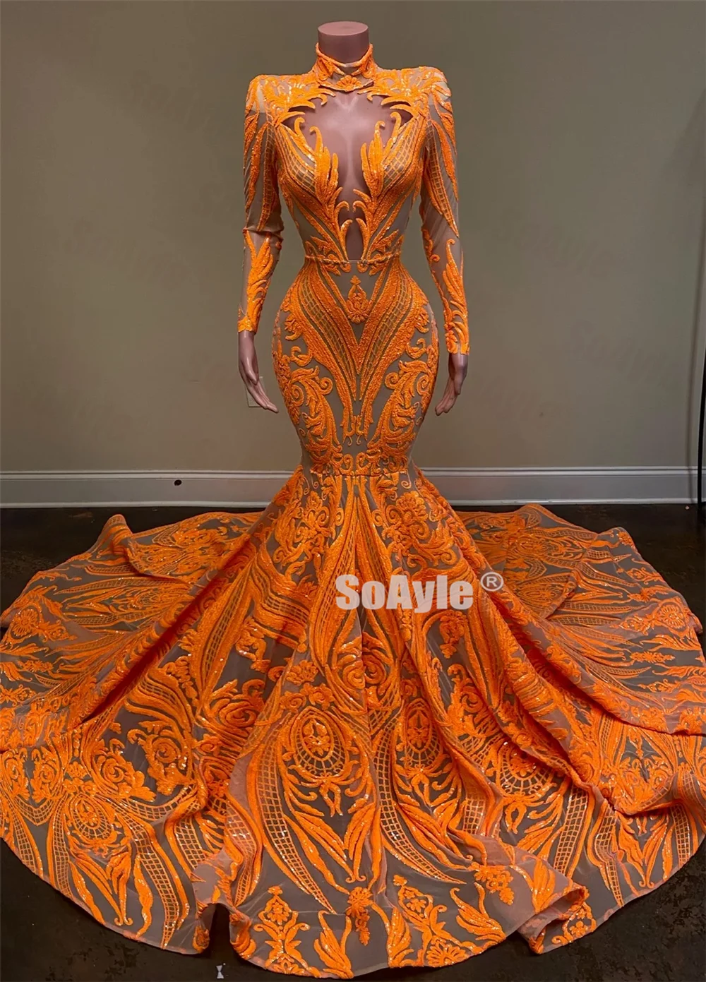 SoAyle Sexy Orange Sheer Neck 2020 Prom Dress long Sleeves Mermaid African Sequins Women's Prom Dresses